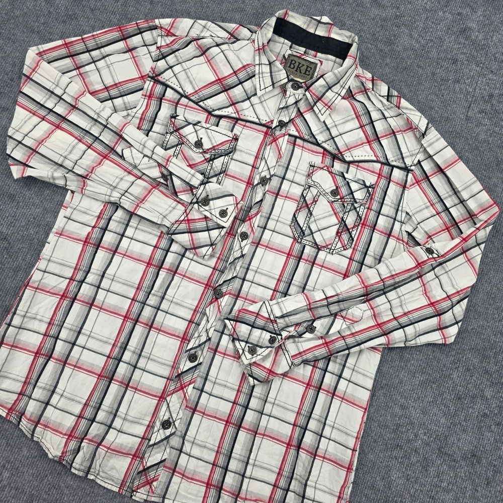 BKE Mens XL Athletic Fit Plaid Western Button Down Shirt Red White 11234NM